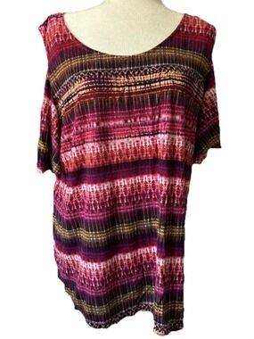 Rose + Olive 2X Cold Shoulder Top Magenta Purple Geometric Boho Tunic Plus Size